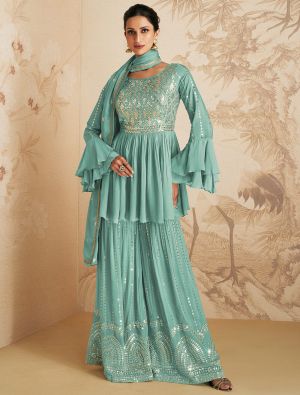 Sky Blue Chinon Semi Stitched Sequined Palazzo Suit small FABSL21588