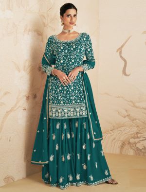 Teal Georgette Semi Stitched Embroidered Palazzo Suit small FABSL21576