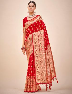 Vivid Red Banarasi Silk Saree With Woven Zari