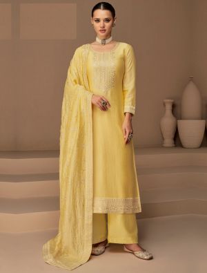 Yellow Silk Embroidered Semi Stitched Salwar Kameez small FABSL21563