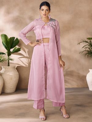 baby pink organza designer co ord set with hand work fabku21114