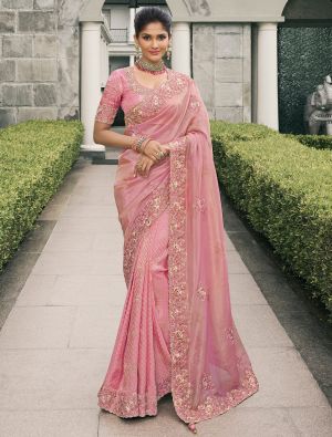 Baby Pink Viscose Tissue Premium Designer Saree