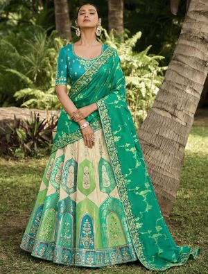 Beige And Green Banarasi Silk Designer Wedding Lehenga small FABLE20377