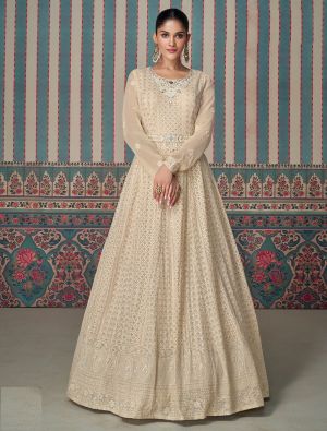 Beige Georgette Pre Stitched Anarkali Suit In 42 Size small FABSL22032