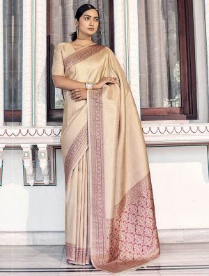 Beige Kanjivaram Silk Saree With Woven Thread Work