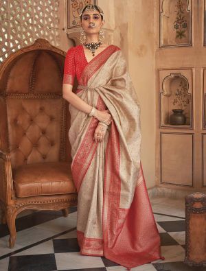 Beige Premium Banarasi Silk Saree With Traditional Zari Weaves