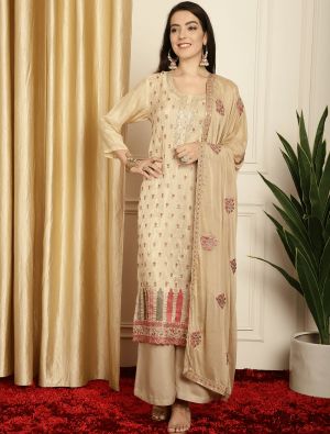 Beige Pure Silk Embroidered Sequined Salwar Suit small FABSL21590