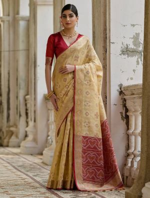 Beige Raw Silk Blend Saree With Ikat Weaving