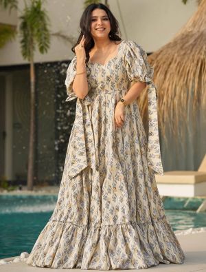 beige rayon digital printed flared gown   fabgo20372