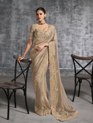 Beige Tissue Silk Embroidered Designer Saree