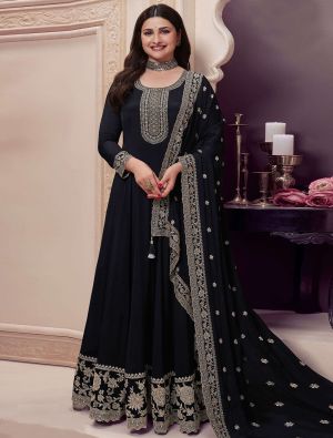 Black Chinon Semi Stitched Anarkali Suit small FABSL22232