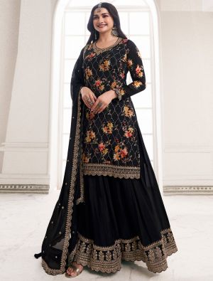 Black Chinon Semi Stitched Sequined Palazzo Suit small FABSL21815