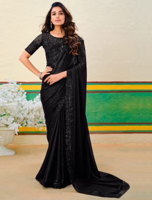 Black Fancy Georgette Embroidered Saree With Zari Weaves