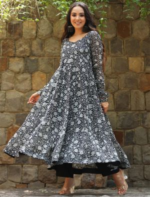 black georgette printed anarkali kurta fabku21051