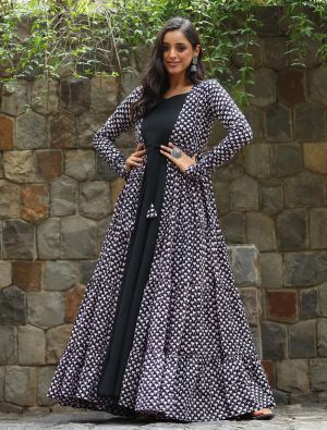 black georgette printed readymade gown with shrug fabgo20265
