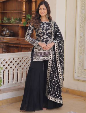 Black Georgette Readymade Sharara Suit With Zari Work FABSL21787