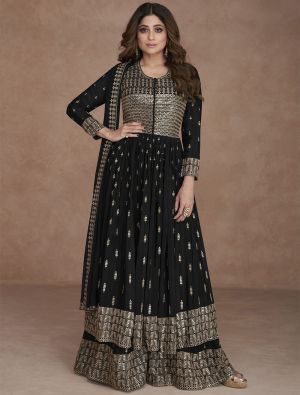 Black Georgette Semi Stitched Sequined Palazzo Suit small FABSL21629