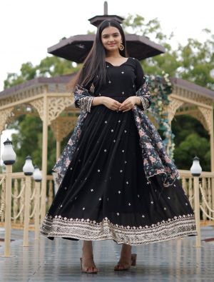 black georgette zari embroidered readymade gown with dupatta fabgo20269