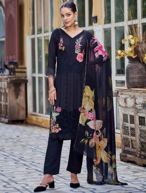 Black Muslin Salwar Kameez With Resham Embroidery And Cut Work small FABSL22020