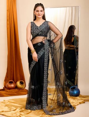 Black Net Party Wear Saree With Sequins