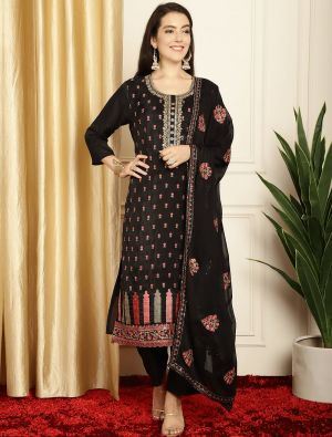 Black Pure Silk Embroidered Sequined Salwar Suit small FABSL21589