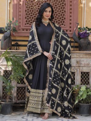 black star georgette flared anarkali gown with dupatta fabgo20346