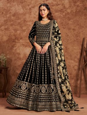 Black Velvet Embroidered Semi Stitched Anarkali Suit FABSL22053