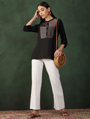 black viscose rayon embroidered top fabku21012