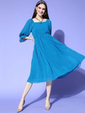 blue chiffon solid fit and flare dress fabku20896