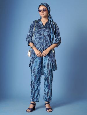 blue crepe silk stylish co ord with scarf fabku21083