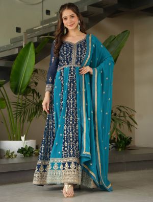 blue georgette elegant gown with dupatta fabgo20392