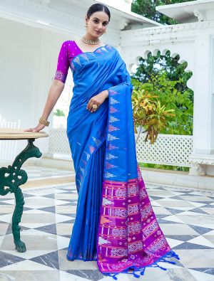 Blue Tussar Silk Saree With Silver And Copper Zari Weaves