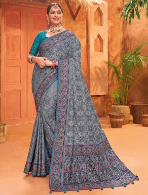 Bluish Grey Banarasi Silk Premium Saree With Kutch Work
