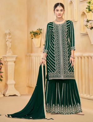 Bottle Green Georgette Embroidered Ready To Wear Sharara Suit FABSL22135