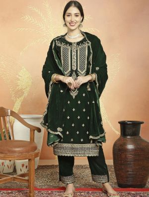 Bottle Green Premium Velvet Salwar Suit With Traditional Cording small FABSL21724