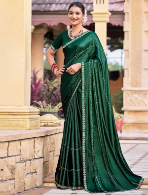 Bottle Green Shimmer Chiffon Party Wear Saree