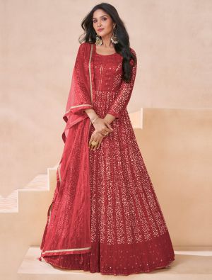 Brick Red Georgette Semi Stitched Anarkali Suit small FABSL21964