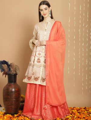 Bright Cream Chanderi Silk Semi Stitched Salwar Suit small FABSL21732