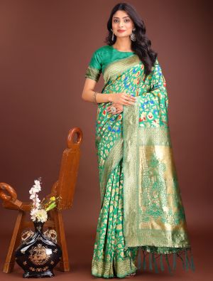 Bright Green Lichi Silk Festive Saree