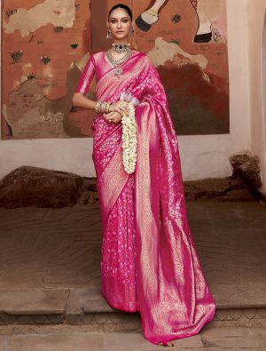 Bright Pink Banarasi Art Silk Saree With Jacquard Weaving