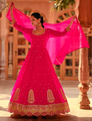 Bright Pink Georgette Semi Stitched Designer Anarkali Suit small FABSL21836