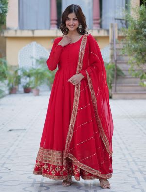 bright red georgette anarkali gown with dupatta fabgo20355