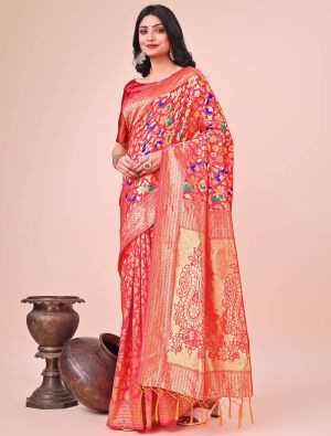 Bright Red Lichi Silk Festive Saree