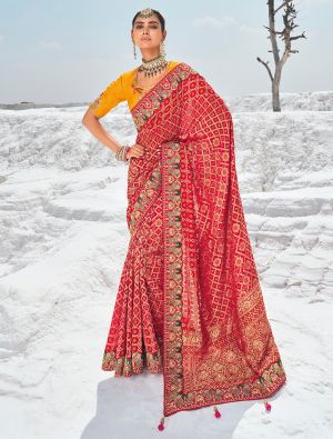 Bright Red Premium Georgette Bandhani Patola Saree