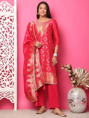 Bright Red Silk Jacquard Elegant Salwar Kameez small FABSL21887