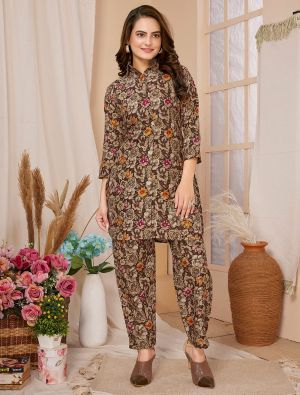 brown rayon digital printed co ord set fabku21000