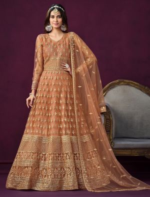 Burnt Orange Net Semi Stitched Anarkali Suit With Sequins small FABSL21711