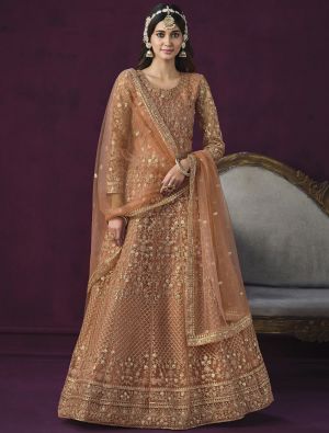 Caramel Brown Net Semi Stitched Sequined Anarkali Suit small FABSL21678