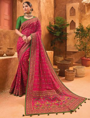 Chrome Red Banarasi Silk Premium Saree With Kutch Work