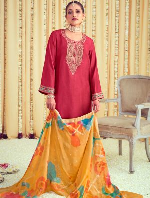 Coral Raw Silk Embroidered Salwar Kameez small FABSL21652